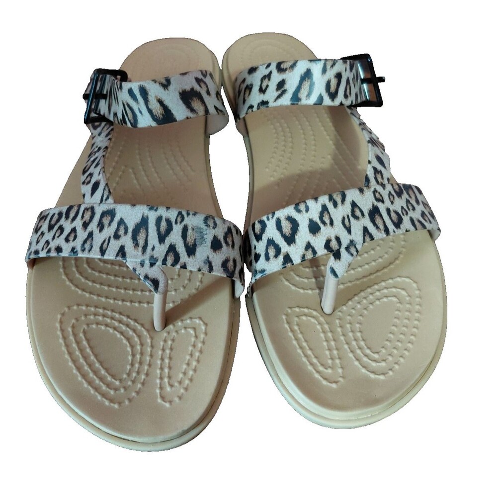 Crocs Tulum Toe Post Sandal Leopard Print Tan Women 9 Strappy